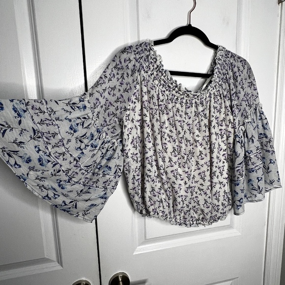 Free People Rose Valley Printed Blouse Top Shirt Size S White Blue Floral - Picture 3 of 6